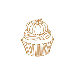 Hand-drawn illustration of a Halloween cupcake, cute line art drawings, for birthday menus, bakery, pastry, posters, cards, and graphic design.