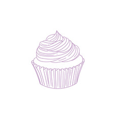 Hand-drawn illustration of a cupcake, cute lineart style drawings, for birthday menus, bakery, pastry shop posters, cards, and graphic design.