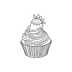Hand-drawn illustration of a cupcake, cute lineart style drawings, for birthday menus, bakery, pastry shop posters, cards, and graphic design.