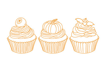 Hand-drawn illustration set of a Halloween cupcake and , cute line art drawings, for birthday menus, bakery, pastry posters, cards, and graphic design.