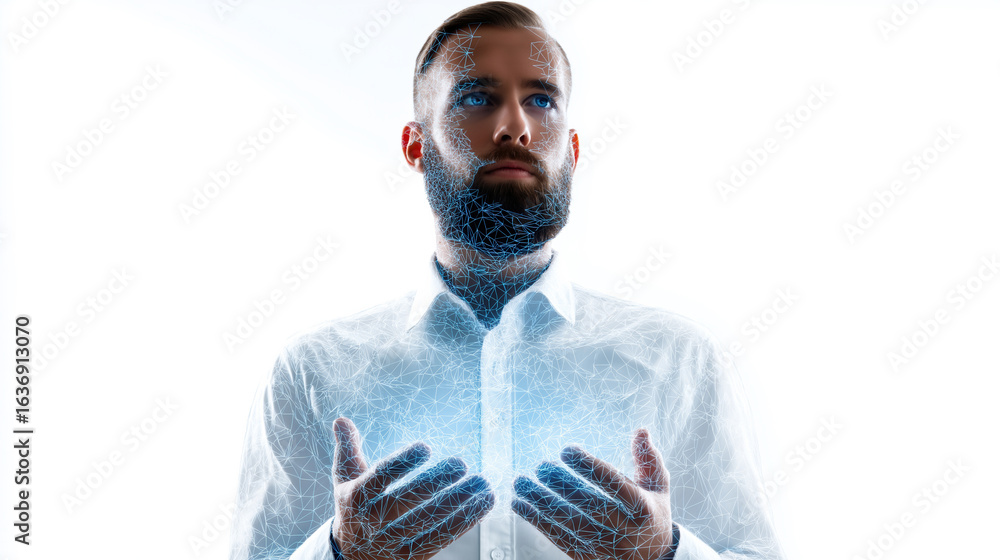 Aufkleber man displaying energy manipulation with electric sparks in a studio setting
