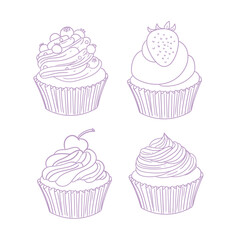 Set of hand-drawn cupcakes with line drawings for birthday menus, bakery, pastry shop posters, cards, and graphic design.