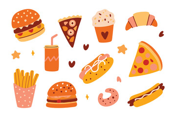 Delicious Array: A vibrant display of tempting treats and culinary delights. From burgers and pizza slices to hot dogs and croissants, all meticulously and appetizingly rendered. 