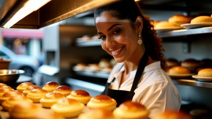 Baker smiling in bakery with freshly baked goods