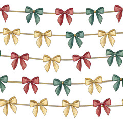 „Seamless pattern and matching horizontal garland composition of small bows strung on twine, alternating colors (cranberry, pine, gold), hand-drawn look with slight texture — perfect for header banner