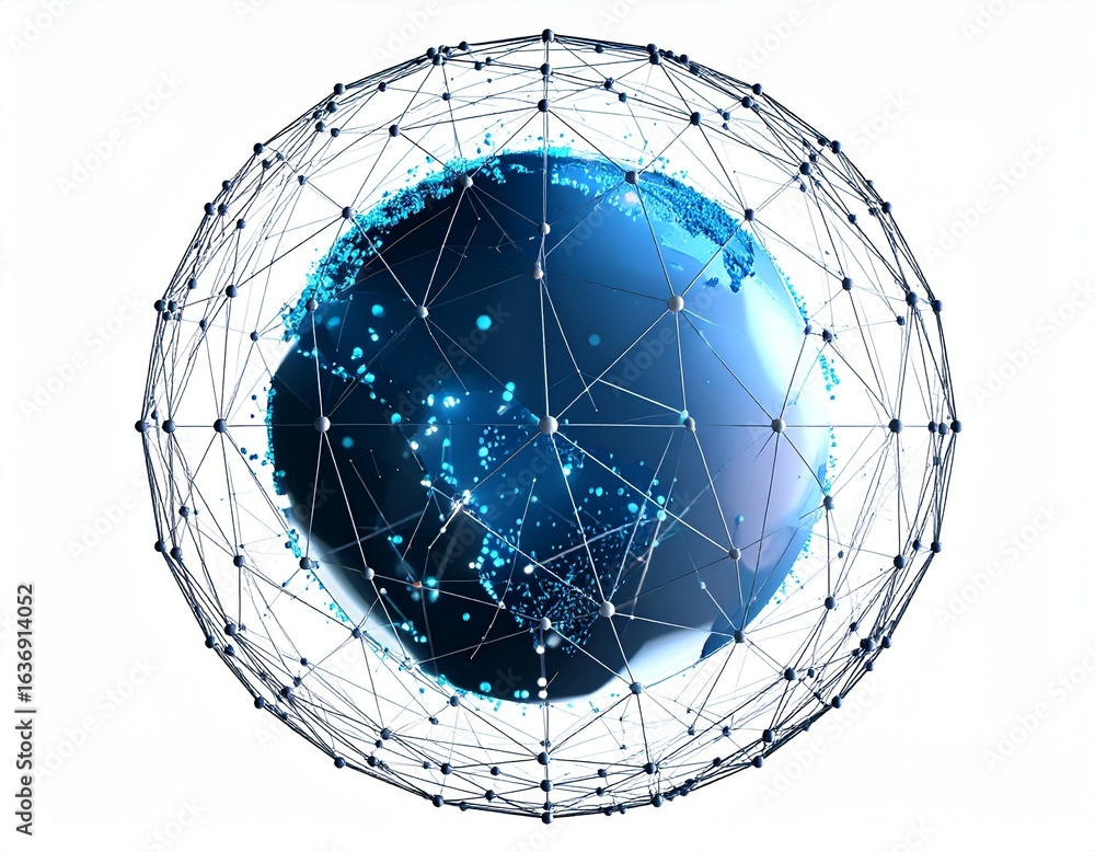 Aufkleber global network connection, illustrating interconnectedness through a digital web encompassing the ea