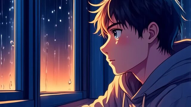 Anime boy with contemplative expression by rainy window. Seamless Loop Animation 4K.