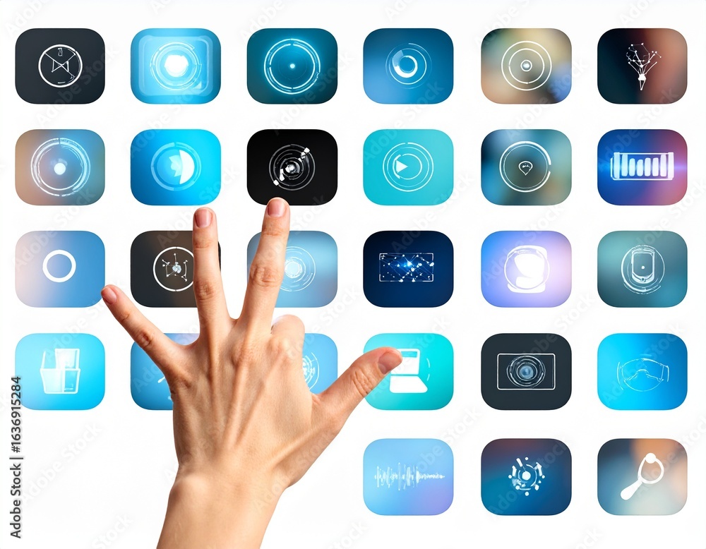 Poster hand selecting an app icon from a grid of glowing, digital interface symbols.
