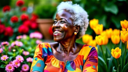Joyful elderly woman in flower garden