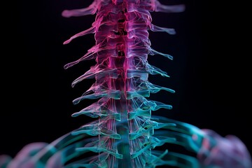 Anatomical model of a human spine, showcasing the intricate details of the vertebrae, spinal cord, and nerve system