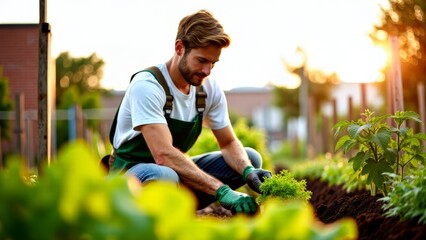 Naklejka premium Man gardening plants in community garden at sunset