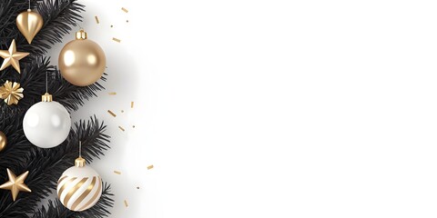 Fototapeta premium Realistic Festive Corner Design with Shiny Gold and White Christmas Decorations and Evergreen Fir