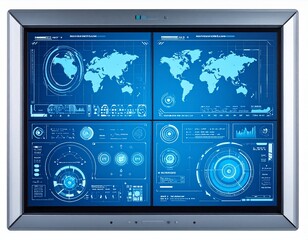 A futuristic, quad-screen display showcases global data visualizations and interactive control interfaces.