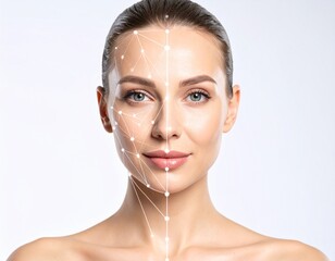 Portrait of a woman with a facial analysis grid overlay, highlighting beauty and cosmetic procedures.