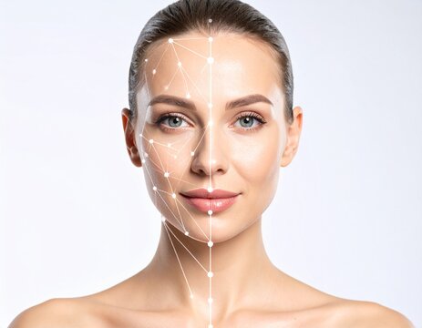 Portrait of a woman with a facial analysis grid overlay, highlighting beauty and cosmetic procedures.