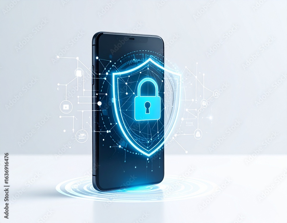 Aufkleber smartphone displaying a digital shield with a padlock, representing mobile security and data protect