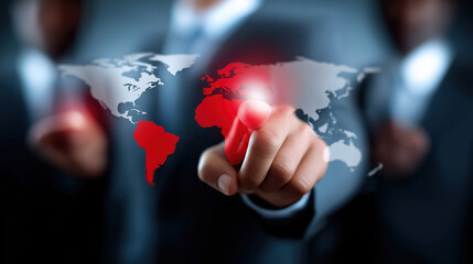 Business professionals interacting with a digital world map in a modern office setting