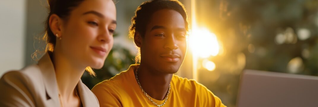 Young multiracial professionals collaborating in sunlit office setting
