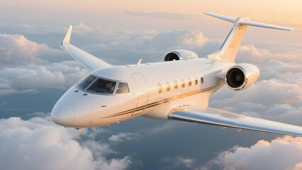 Naklejka premium Close-up cinematic pearl-white private jet in golden hour above soft clouds. 