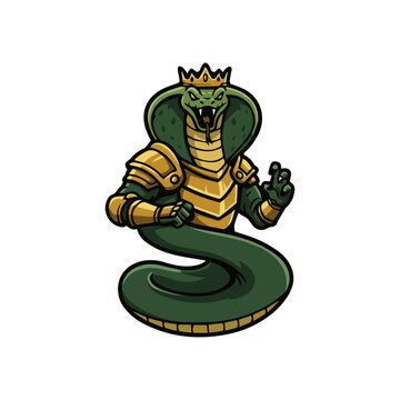 A majestic cobra snake king wearing a crown and armor