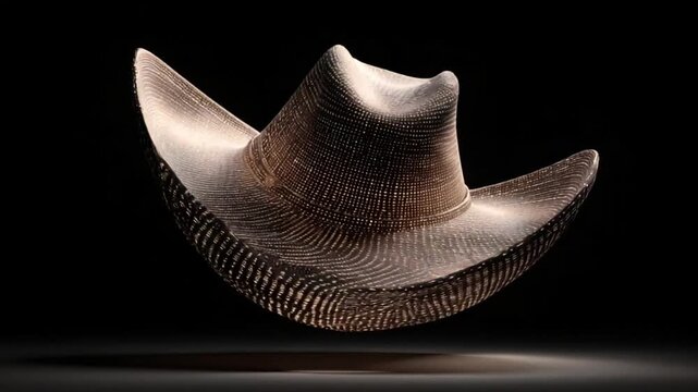 A detailed close-up showcases a cowboy hat, seemingly crafted from a unique woven material, subtly textured with a pattern of tiny dots and lines