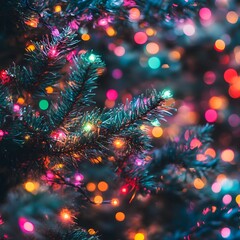 Vibrant Christmas Tree Branch with Colorful Lights