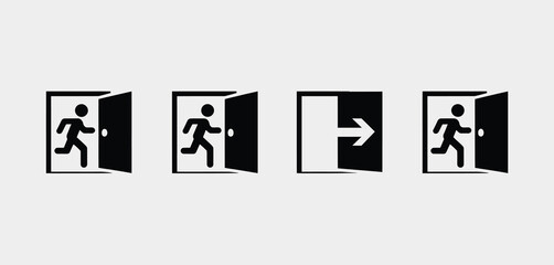 Four open doors with running person silhouette icons indicating exit
