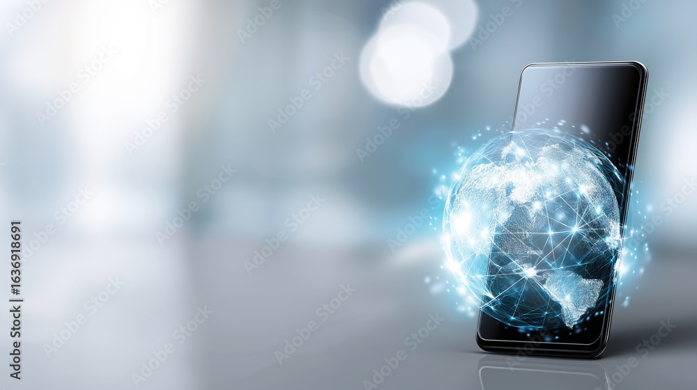Poster smartphone displaying a digital globe with network connections in a modern environment