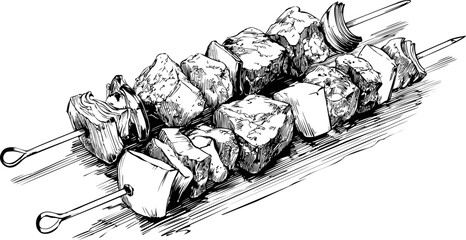 Detailed black and white sketch of kebab skewers with meat and vegetables. Vector illustration