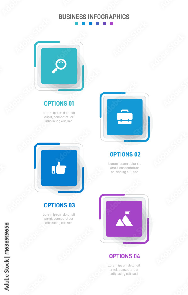 Poster vertical progress bar featuring 4 arrow-shaped elements, symbolizing the four stages of business str