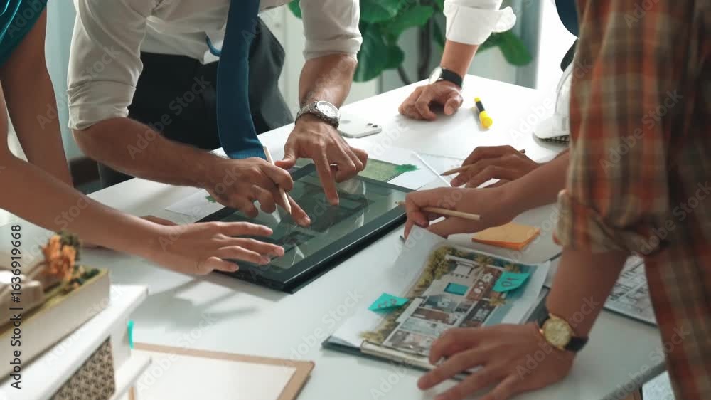 Poster close up of smart business team hand working together to plan design while looking at project plan f
