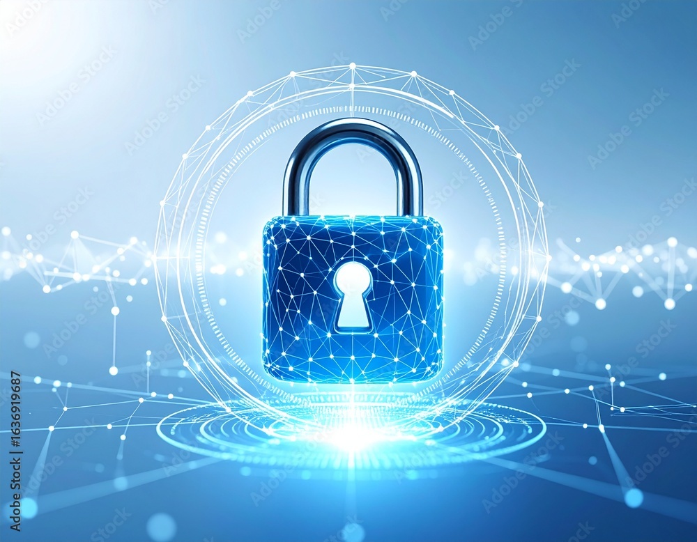 Aufkleber a blue padlock with a keyhole is surrounded by a glowing network of interconnected dots and lines.