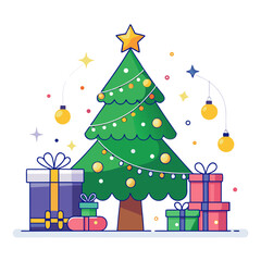 Minimalist Christmas Eve Tree with Star, Wrapped Presents and Snowflake Ornaments Vector