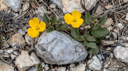 Stunning Closeup of Two Bright Yellow Wildflowers Blooming Amongst Rocks