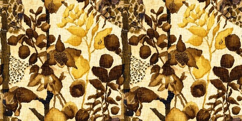 Stylised autumn winter brown floral watercolor seamless border pattern. Rustic cottage style mottled banner trim blur effect fabric texture design. For fall botanical wash tape