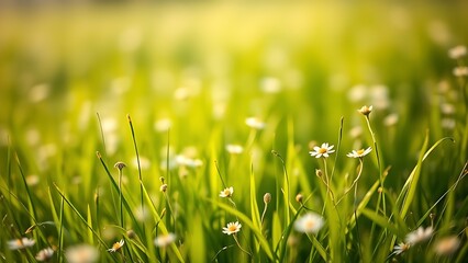 Spring grass field dotted with delicate flowers, bathed in soft morning sunlight.