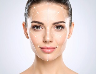 A woman's face is overlaid with a facial recognition grid, highlighting features.