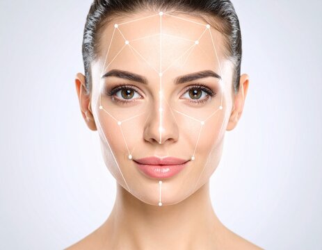 A woman's face is overlaid with a facial recognition grid, highlighting features.
