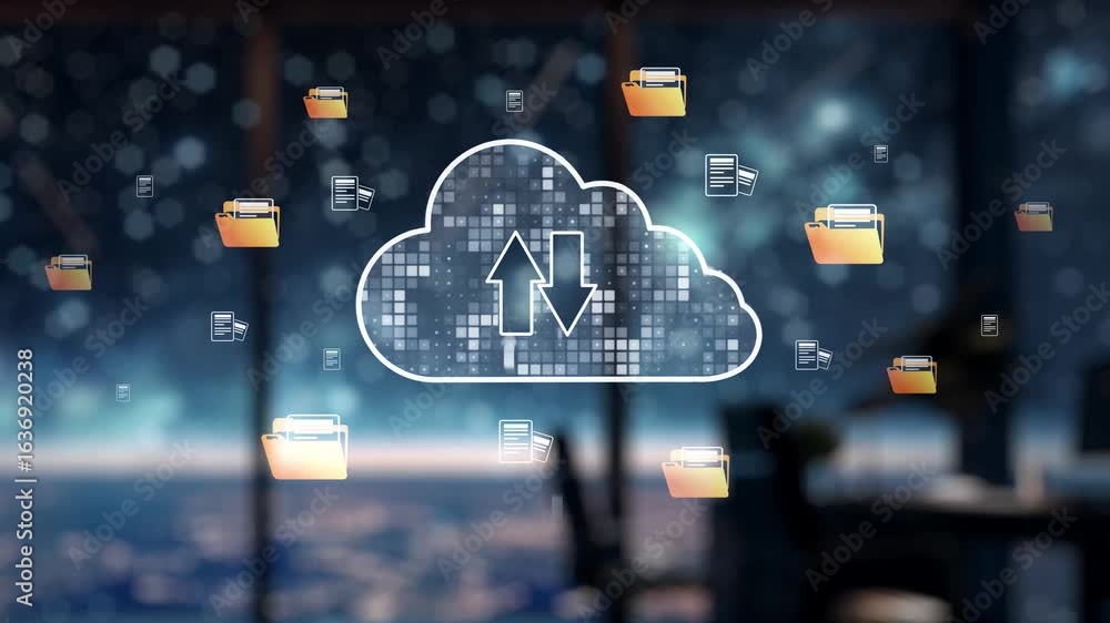 Poster a futuristic robotic hand points towards a cloud symbol, representing data upload and download withi