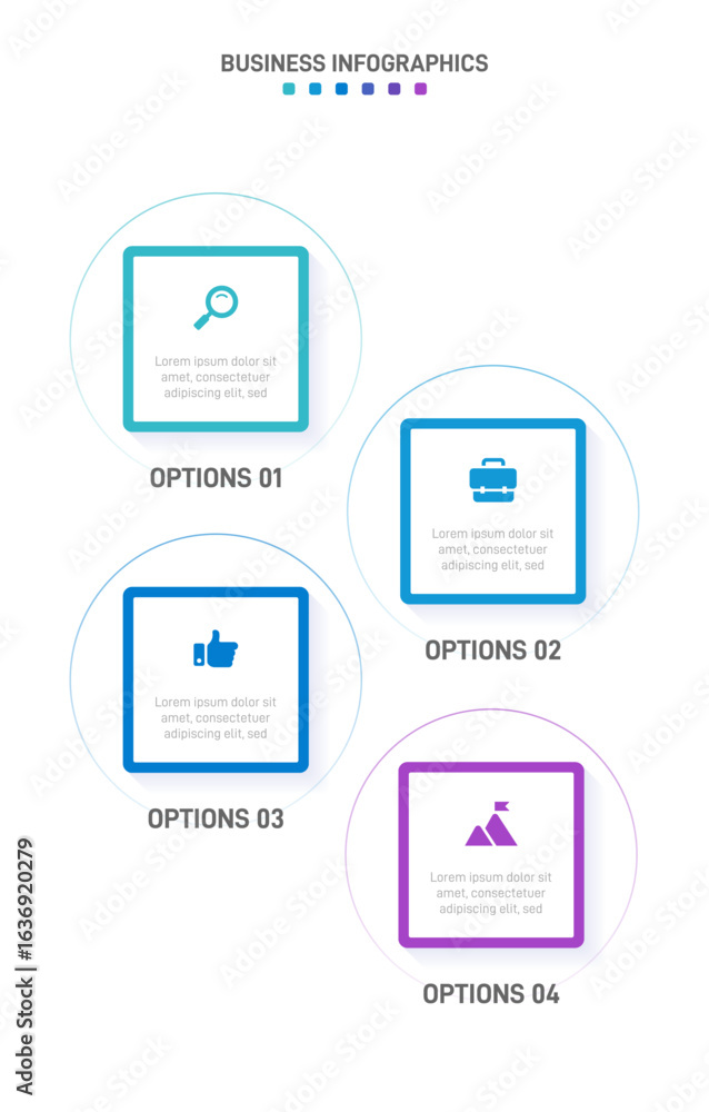 Poster vertical progress bar featuring 4 arrow-shaped elements, symbolizing the four stages of business str