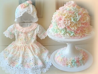 Pastel Crochet Baby Dress and Hat Set on Cake Stand