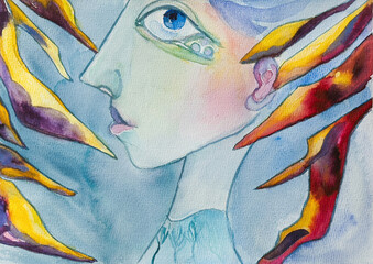 Surreal watercolor portrait of a face with abstract tropical leaves, dreamy artistic painting, hand-painted watercolor