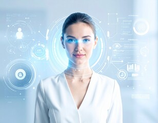A woman with futuristic holographic interface overlayed on her face, suggesting advanced technology and potential future interactions.