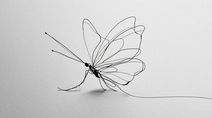 Delicate wire sculpture of a butterfly, captured against a simple white backdrop