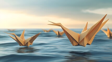 Origami Cranes Floating on Calm Ocean Water at Sunset