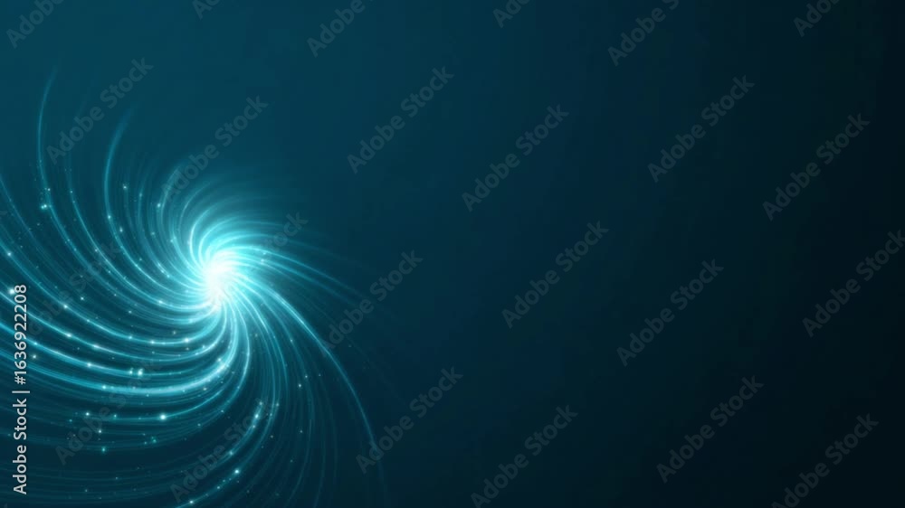 Poster teal abstract swirl with glowing light streaks and speckled particles, creating a dynamic, energetic