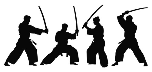 Silhouettes of four warriors practicing martial arts with swords