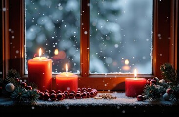 A cozy composition with candles, a knitted element and a garland.
