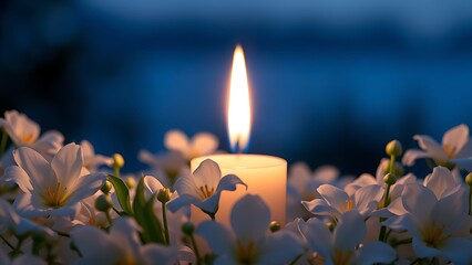 Lit candle surrounded by white flowers against twilight, evoking peace and reflection.
