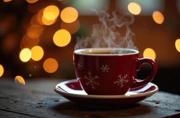 Obraz premium Winter or christmas cozy composition, steaming cup coffee or hot drink, Xmas decoration, branch fir, gift, on red background. Christmas, New Year, winter concept. Front view, copy space